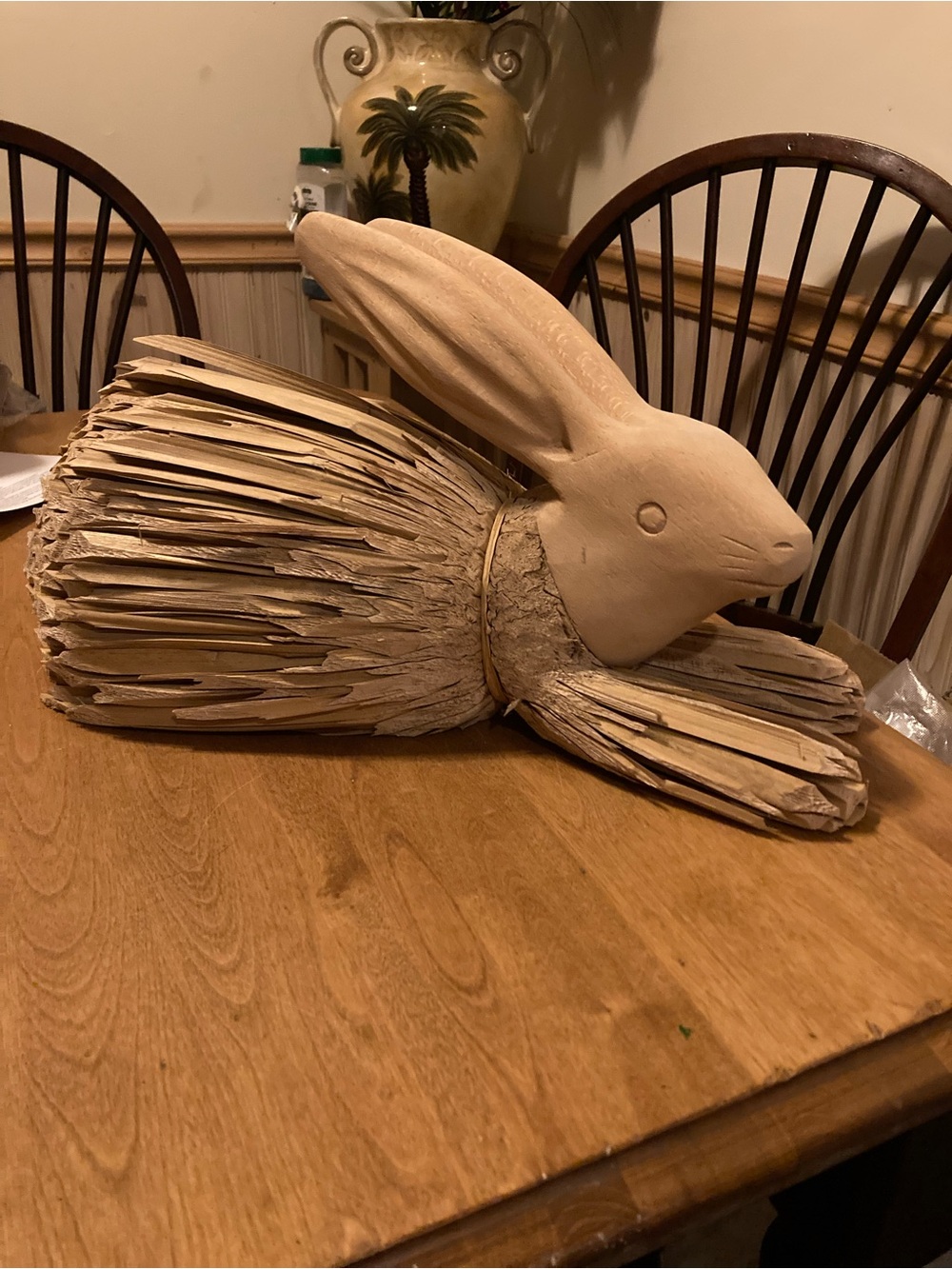 Vintage wood and cornhusk bunny rabbit figurine